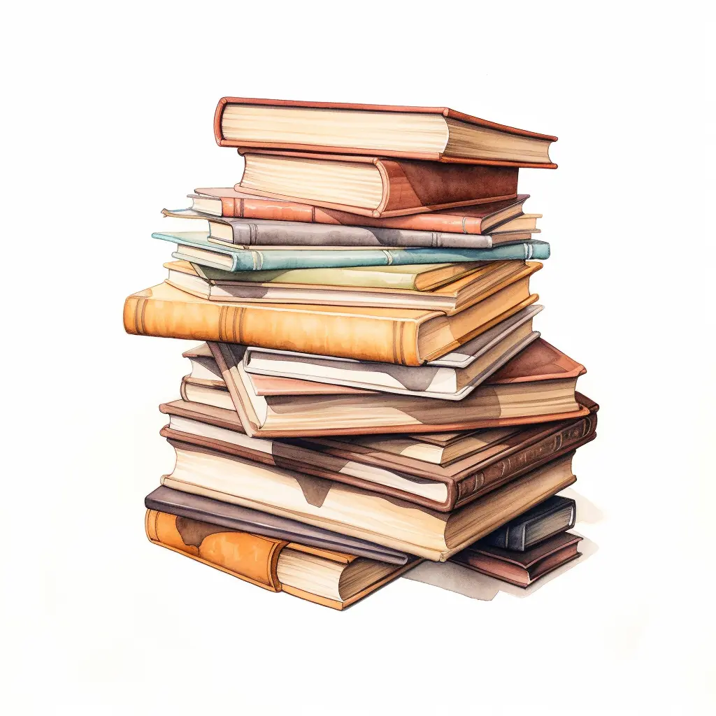 Pastellfarbene Bücher in halbrealistischer Zeichnung - eine schöne Ergänzung zu jedem Bücherregal Mehrere Bücher sind auf einem beigen Untergrund in einer urbanen Zone gestapelt.
